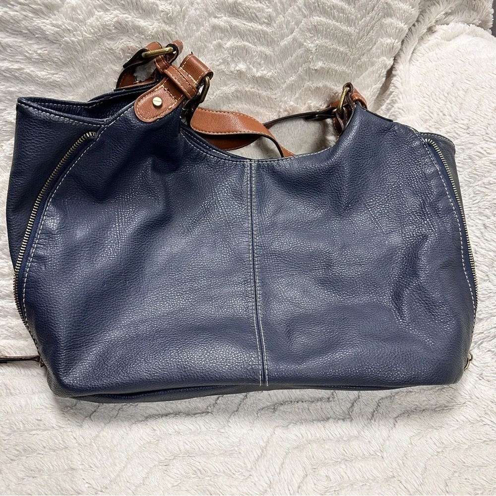 Merona Dark Blue Tan Brown Faux Leather Shoulder Bag Purse Handbag Classic